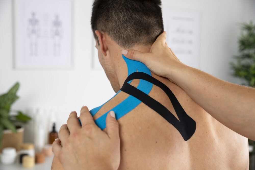 female physiotherapist applying elastic medical bandage male patient 1