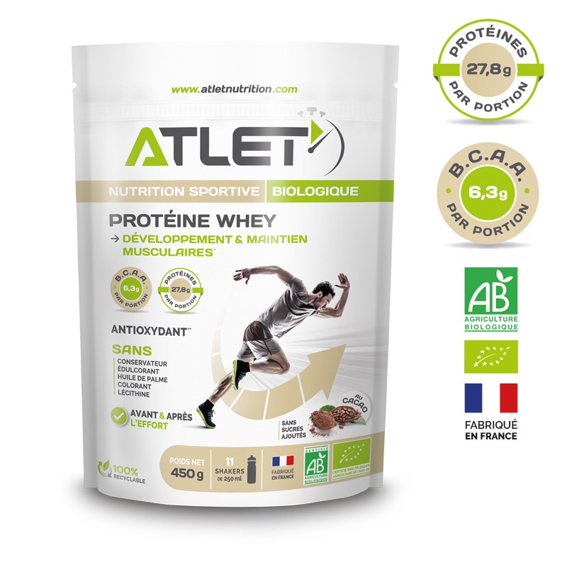 Proteine Whey cacao 450g Atlet 1 Proteine Whey cacao Bio 450g Atlet